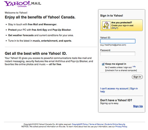 Yahoo Mail login screen